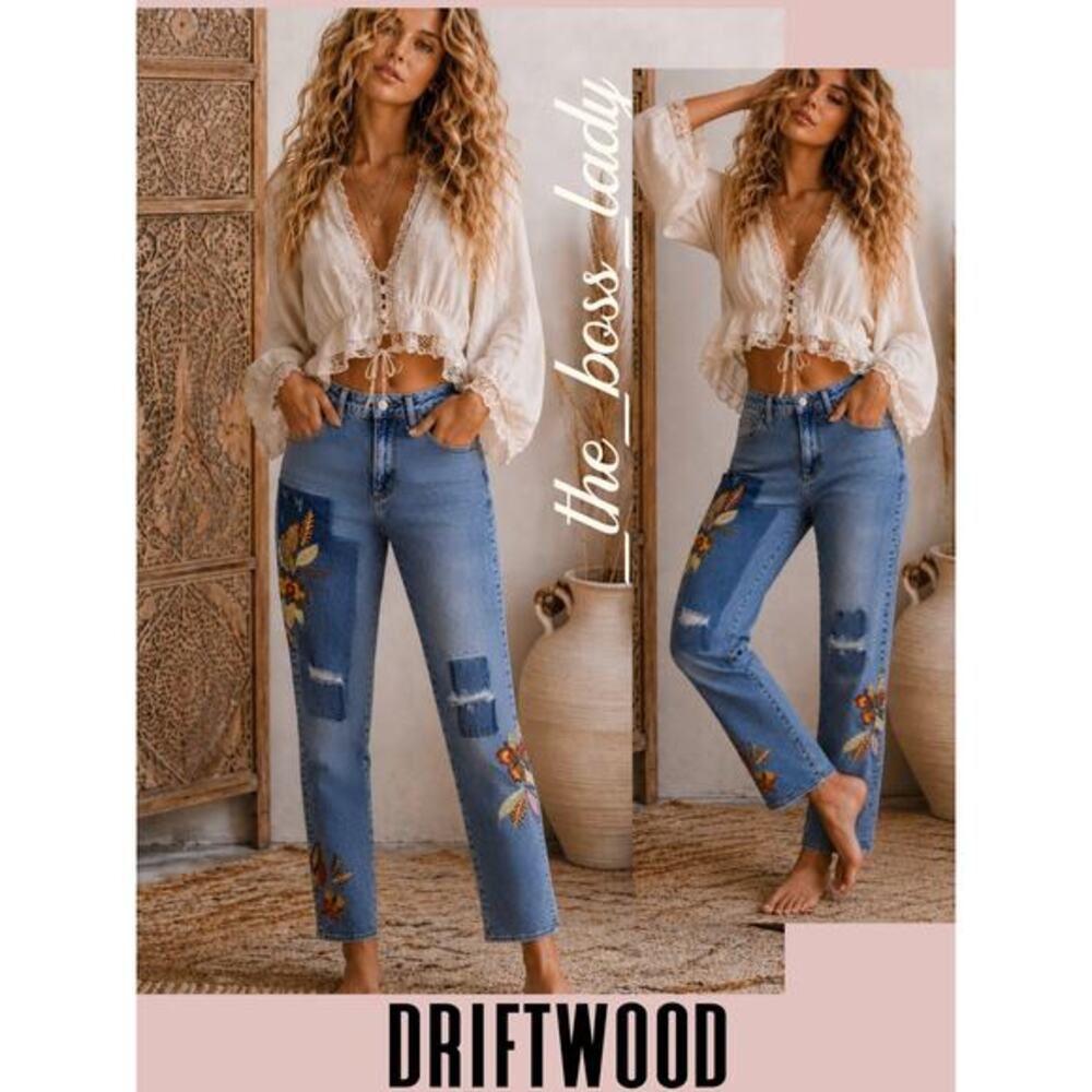 Driftwood x Free People jeans floral embroidery patchwork ankle pants boho 24